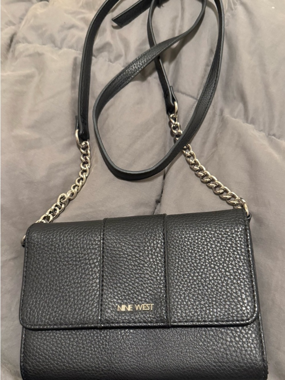 Nine West Black Pebbled Leather Crossbody with Silver Chain Accent